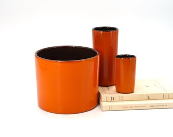 Set of 3 orange ceramic cylinder vases, 1970s / tube, Georges Jouve style, vintage