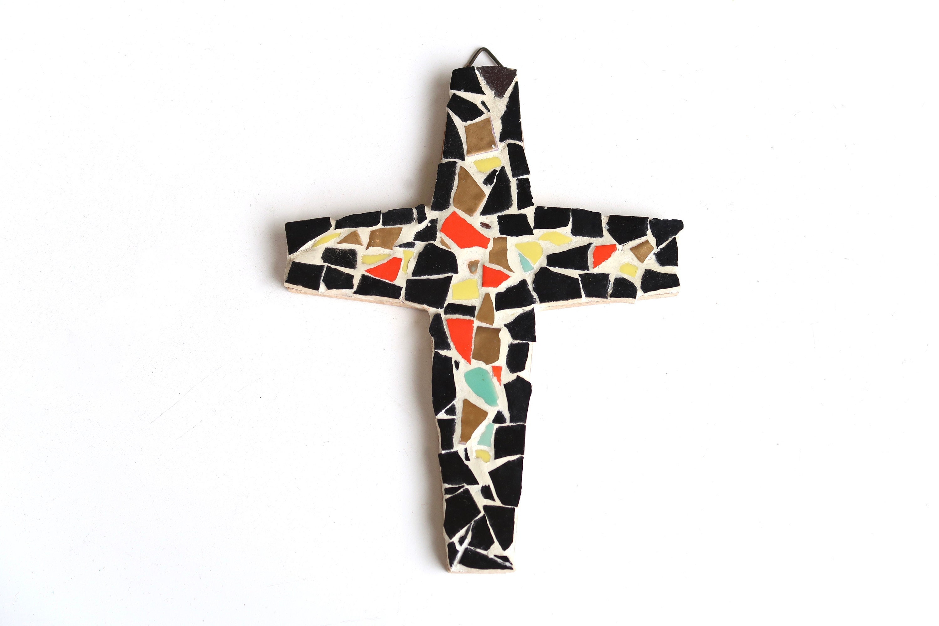 Croix Murale en Mosaïque Signée Rothweiler, Années 60/Céramique, Vintage Religion, Décor Mural