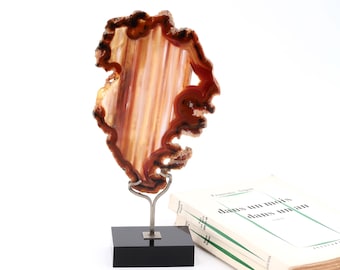 Rodaja de ágata sobre soporte, década de 1970, gabinete de curiosidades / boho chic, folk, minerales, marrón