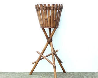 French wood and bamboo tripod planter, 1950s / mid century modern, plant stand, France, rattan