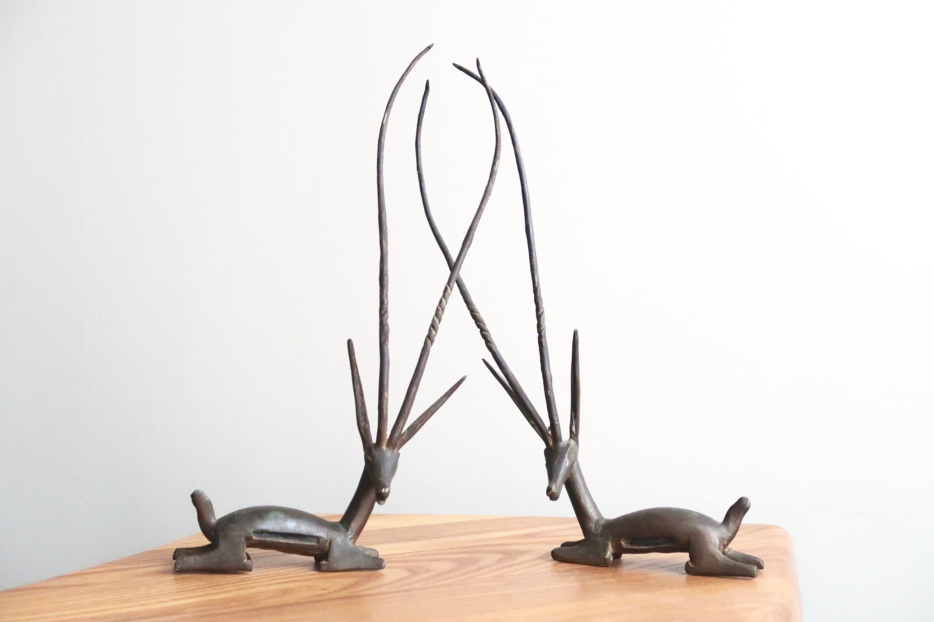 Paire de Gazelles Antilopes en Laiton, Années 50 1950 Vintage/Afrique Savane Bohème Présentoir Bijou