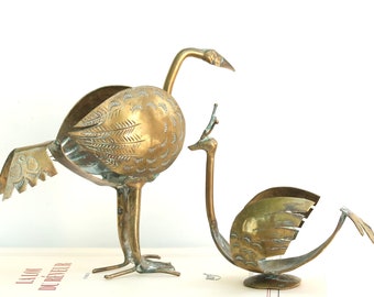 Pair of brass birds, stone egg displays, 1970s / stand, statue, sculpture, boho chic, folk, bohemian