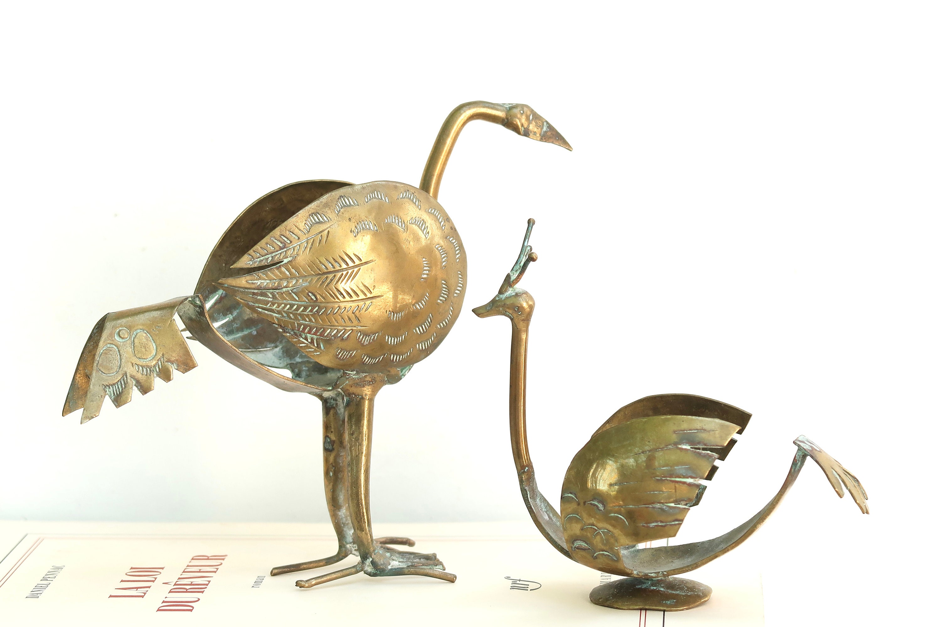 真鍮の鳥、石の卵ホルダー、70年代 / 動物、ボヘミアンシック