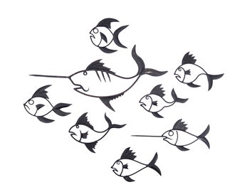 French metal wall hanging decor: fishes, 1960s / Swordfish, fish, mid century, animal, nautical, sea ocean