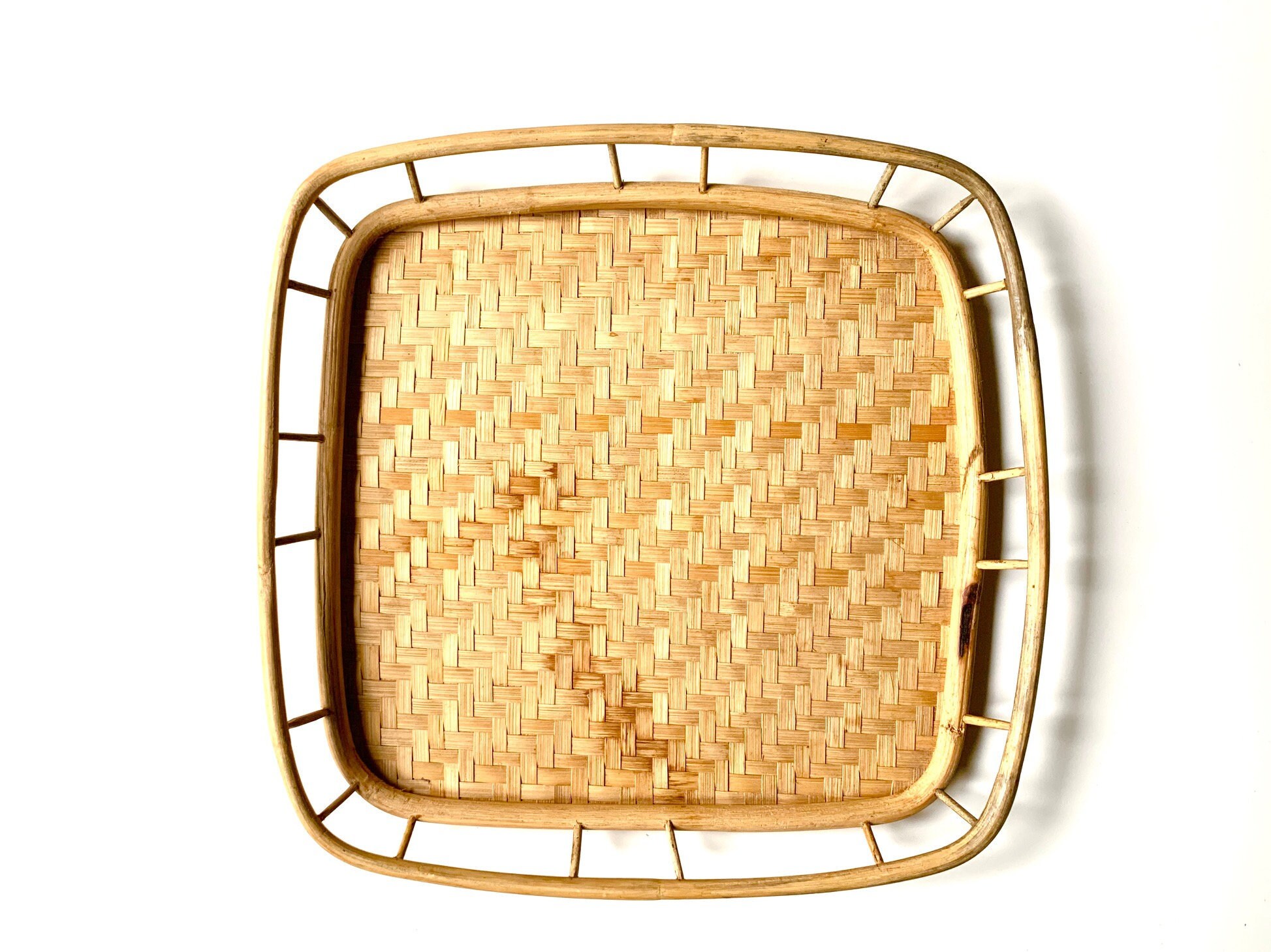 Plateau en Bambou et Osier, Années 70/Vintage Bohème Chic, Folk, Panier, Rotin, Nature, Campagne, Co