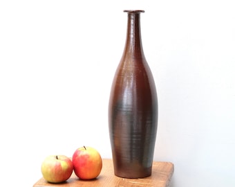 French ceramic vase bottle, 1970s / brown, ceramic, boho chic, folk, country, farmhouse