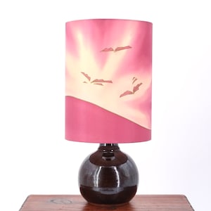 French dark purple ceramic table lamp, silk shade, 1970s / pink, boho chic, folk, country