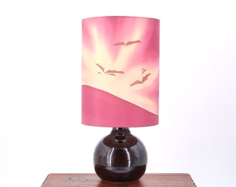 French dark purple ceramic table lamp, silk shade, 1970s / pink, boho chic, folk, country