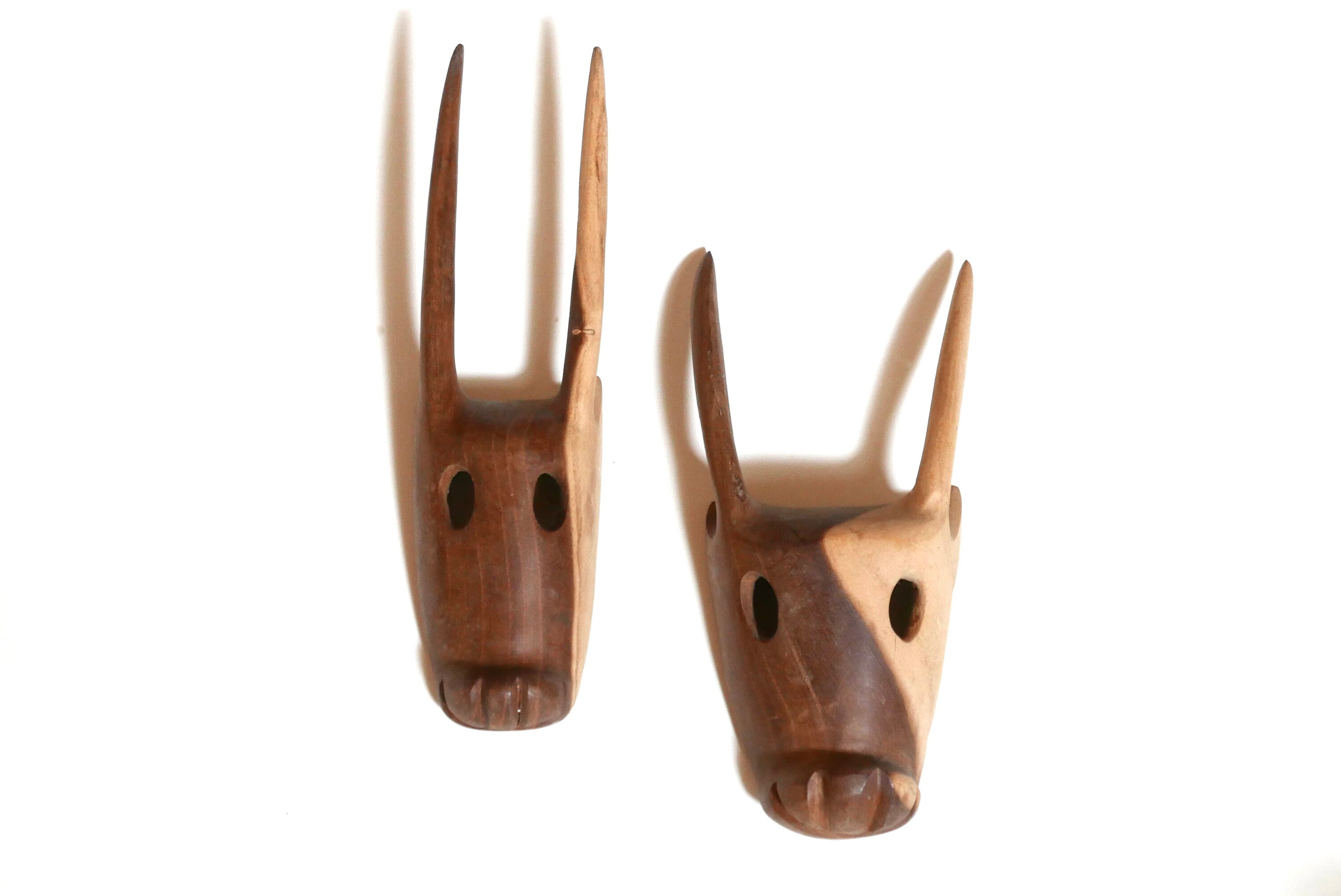 Paire de Masques en Bois Animal à Cornes, Vintage/Antilope, Bouqueton, Taureau, Folk, Bohème