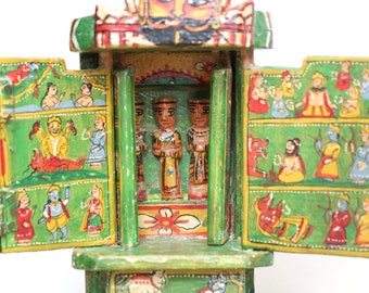 Antique green Kavaad, small Indian temple with mythologic paintings / story telling, Ramayan, India, vintage