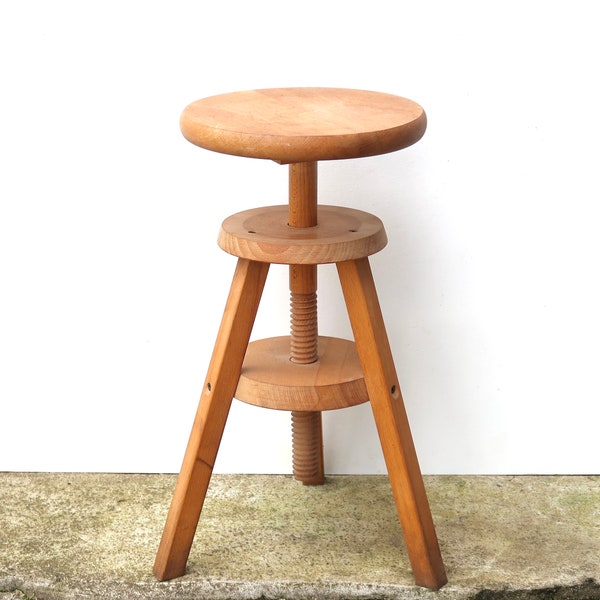 Tabouret à vis en bois, années 70 vintage / porte plante, sellette, artiste, atelier, bohème chic, folk