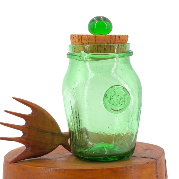 Bocal en verre bullé vert de Biot, bouchon en liège, années 70 / rangement cuisine, pot