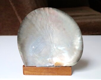 Polished pearl oyster, wooden base, cabinet of curiosities, 1970s / Boho Jewelry Display Tray bohemian folk nautical mother of pearl
