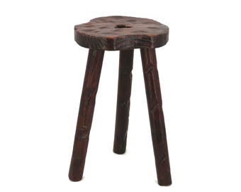 French wooden tripod stool, 1950s / wood, home decor, plant stand, rustic furniture, cottage, France, brut