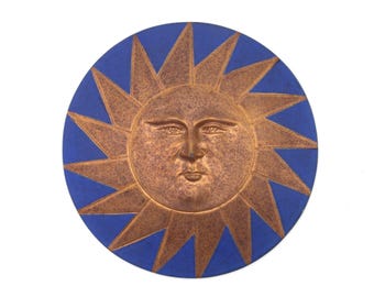 Wall blue and gold ceramic sunface signed Toschi, 1990s / Sun, Round, Relief, Italy, Italian home decor, Nineties