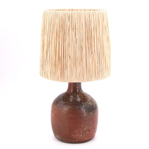 French stoneware ceramic table lamp, raffia shade, 1960s / potter, brown, boho chic, folk, country, lighting, France