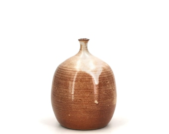 Vintage 1970s Brown Beige Stoneware Vase, White Drip Glaze, Organic Oval Vessel, Mid Century Modern Ceramic, Wabi Sabi Decor