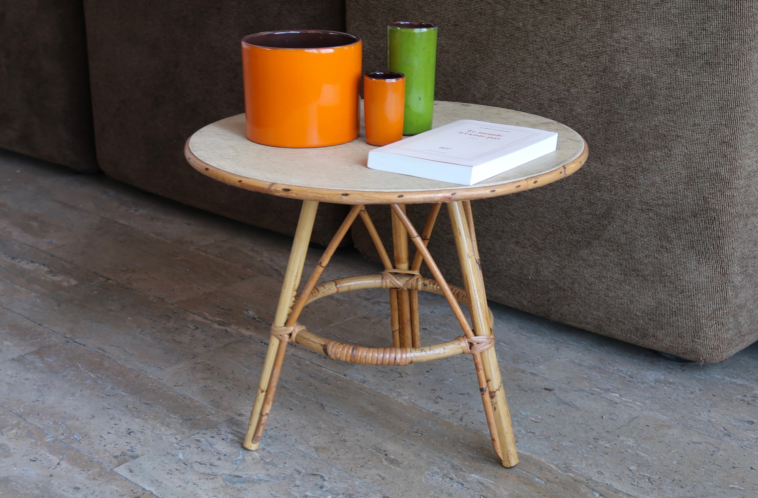 Table Basse Ronde en Rotin, Années 50/1950 Vintage Chevet Bohème Chic Folk