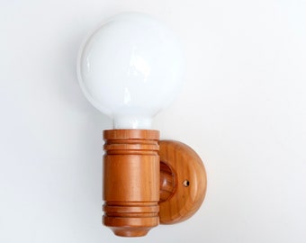 Wall sconce, pin wood base and white glass globe, 1970s / turned wood, light, lighting, bathroom, entryway, boho chic, rustic, farmhouse