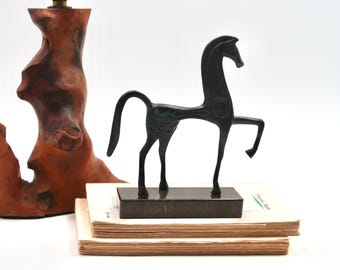 Bronze Etruscan Greek horse, black marble base, 1950s / vintage, animal, statue, boho chic, folk, sculpture, paperweight, home decor