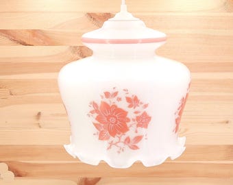 French opaque white glass ceiling pendant lighting, pale pink flower decor, 1970s / light, France, boudoir