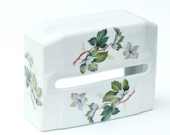 French white porcelain toilet paper dispenser, floral decor, 1970s / bathroom, white, pink