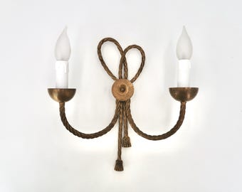 French Vintage Wall Sconce with Rope-Like Bow, Twisted Gilt Metal, 2 Lights, 1950s