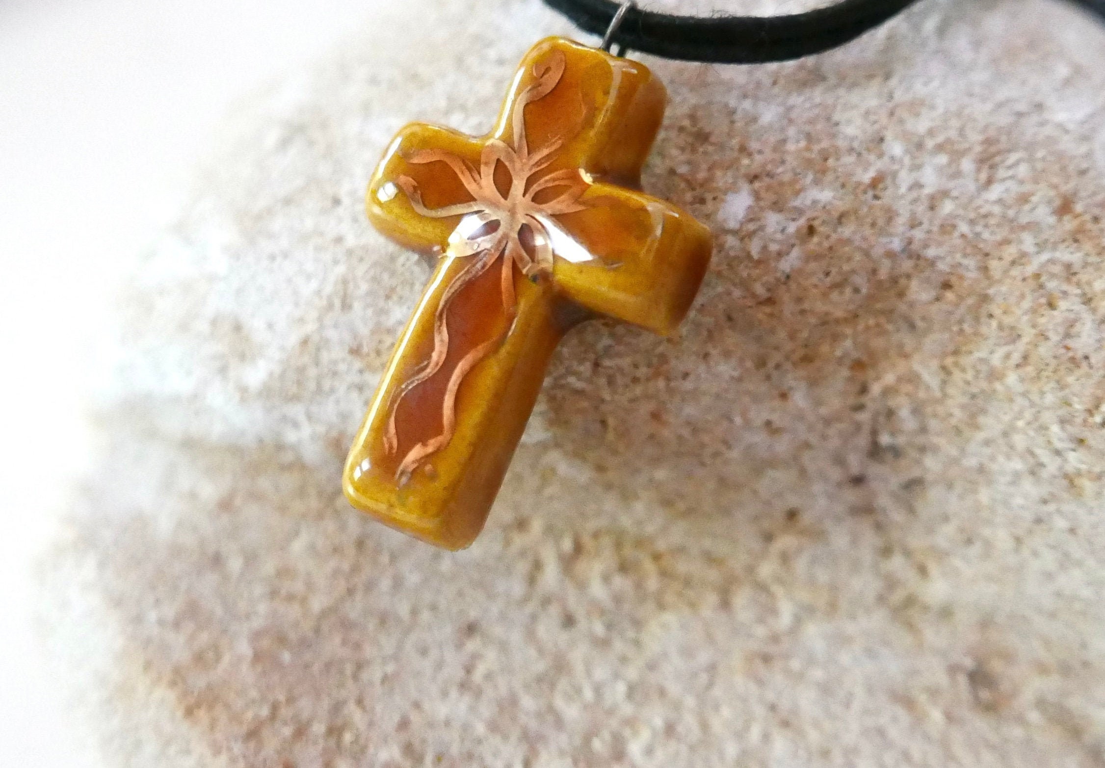 Pendentif, Croix en Céramique, Années 50/Vintage, Doré, Communion