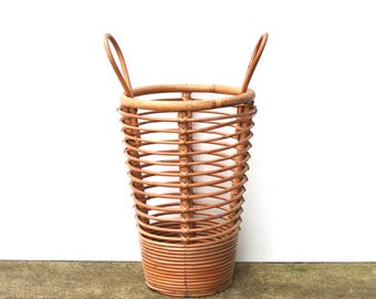 Vintage Bamboo Umbrella Stand Lattice Floor Vessel 1970s Global