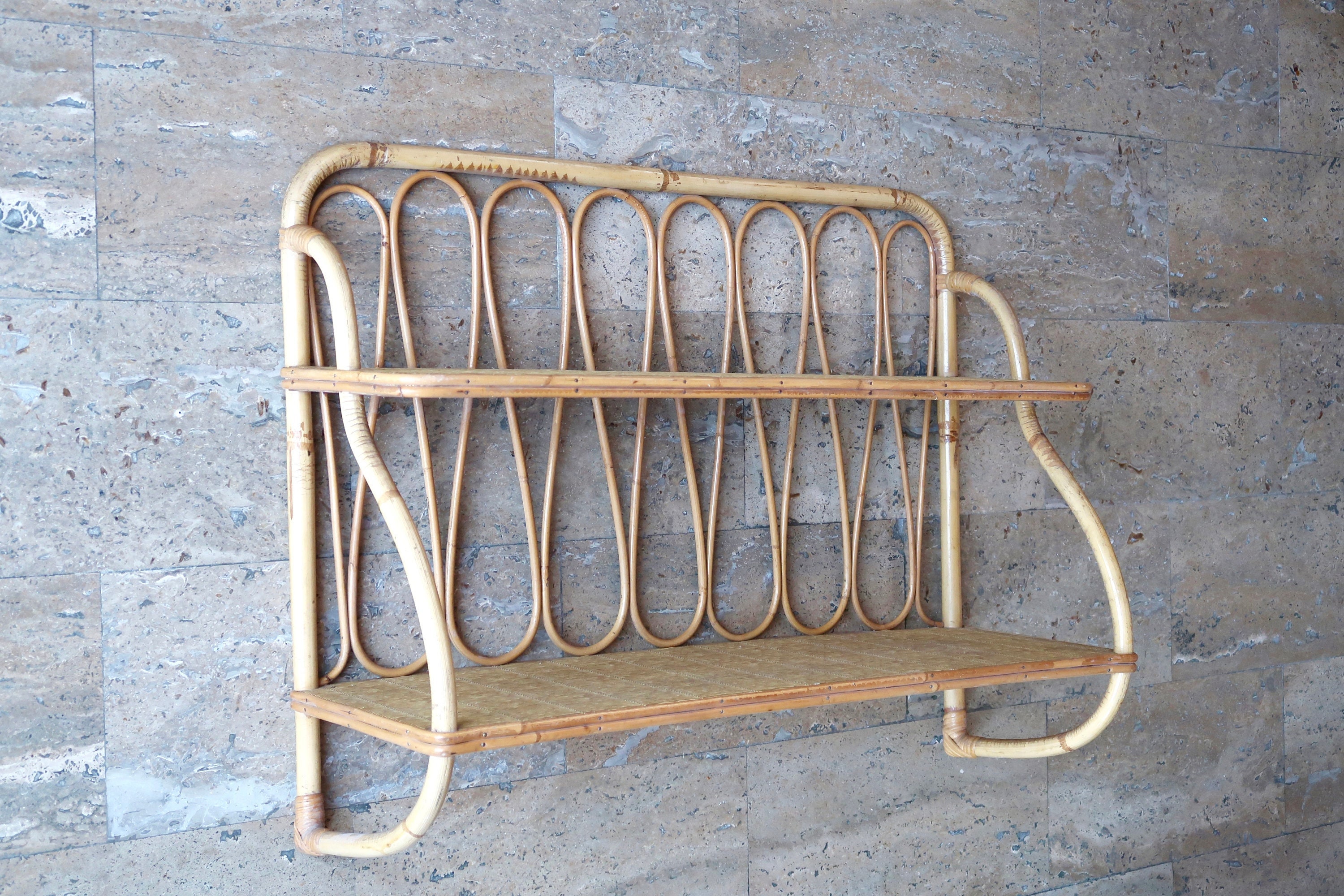 Grande Étagère Murale en Rotin et Bambou, Années 70/Meuble Vintage, Étagères, Rotin, Bohème, Folk