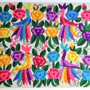 1970s colorful Tenango Otomi Mexican tapestry embroidery : birds and flowers / textile, wall hanging, Mexico, Boho chic, Folk, Bohemian