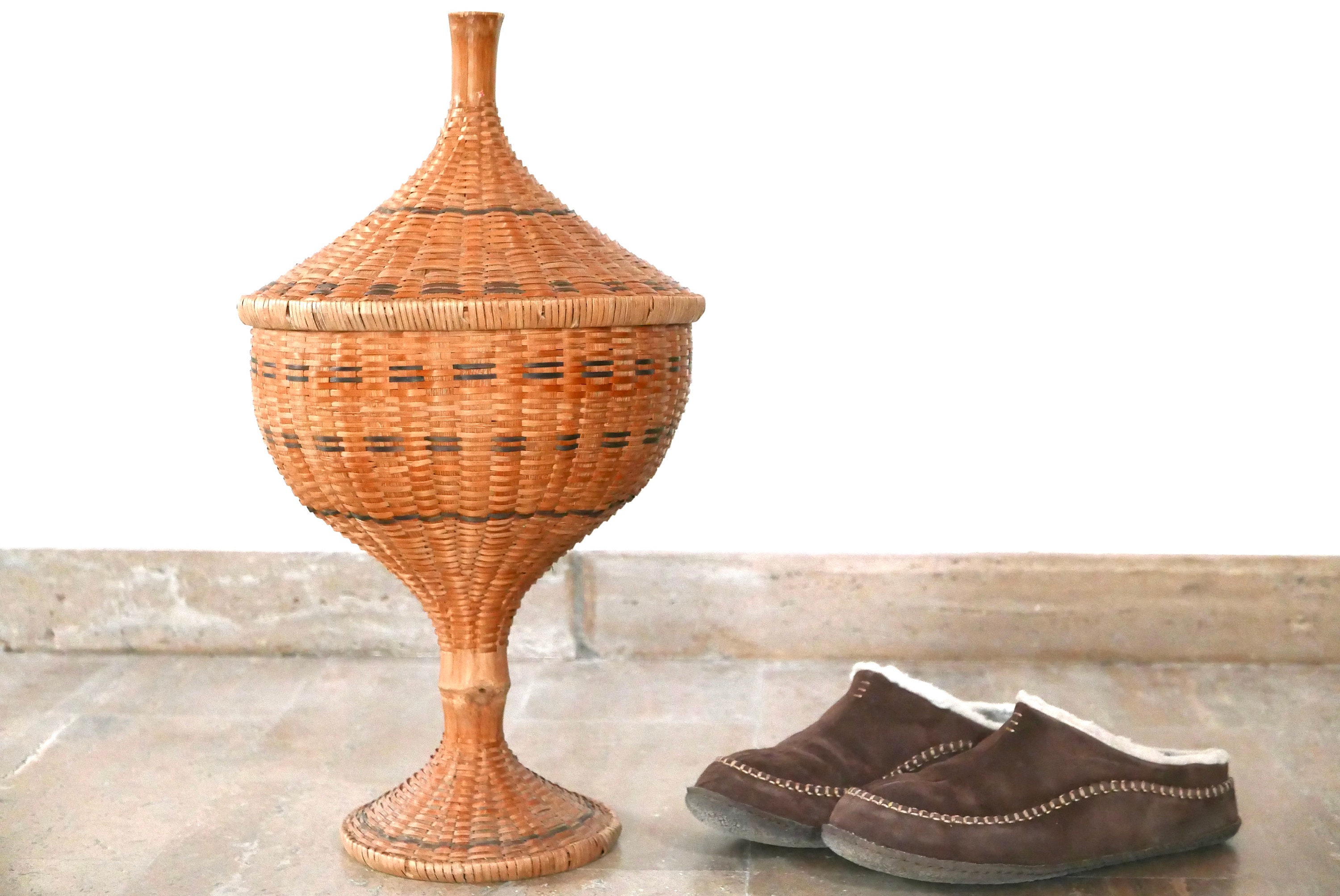 Grand Panier Couvert en Osier, Années 60/Bohème Chic, Folk, Campagne, Cottage, Rustique, Ferme