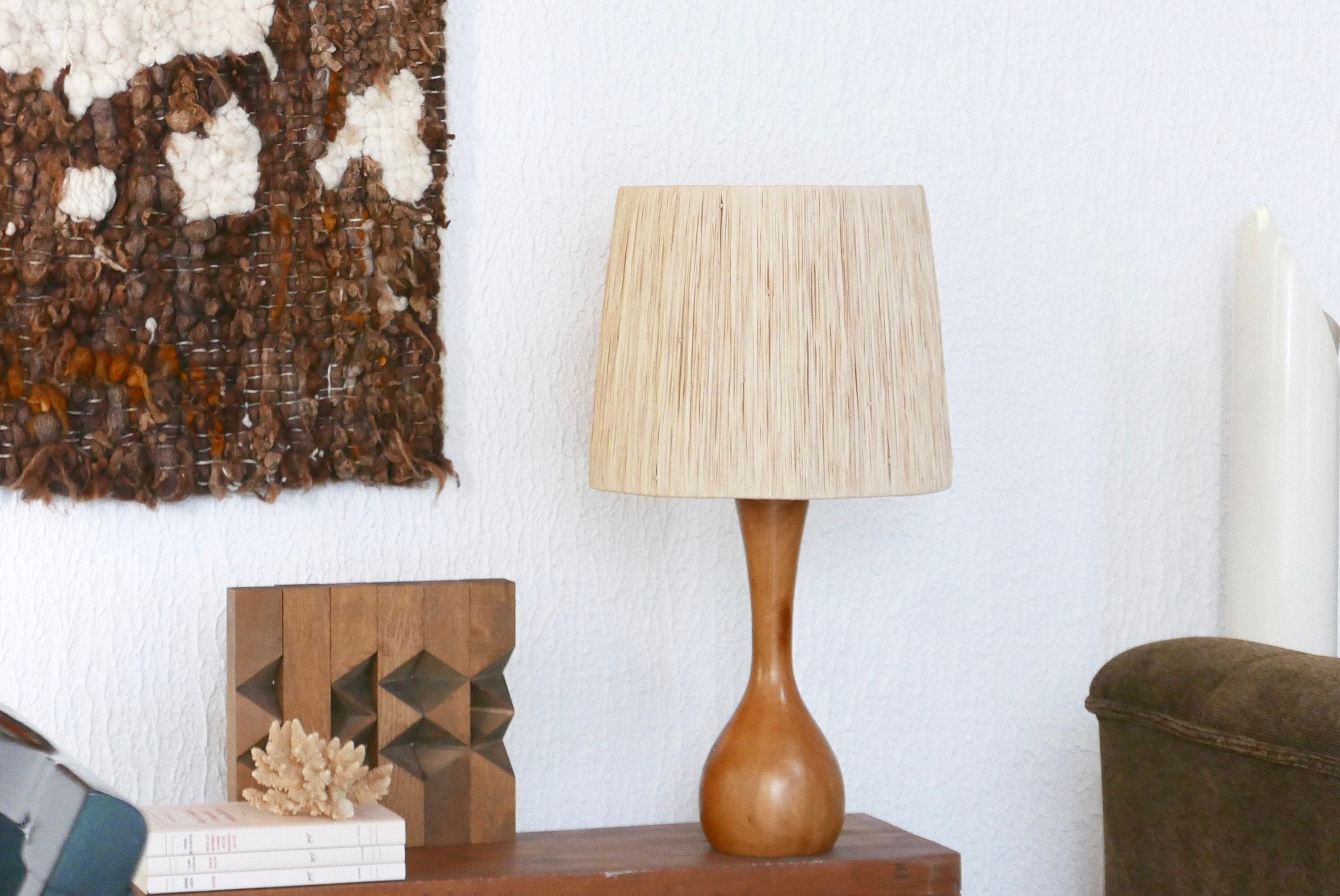 Lampe en Bois, Abat Jour Raphia, Années 70/Boheme Chic, Campagne