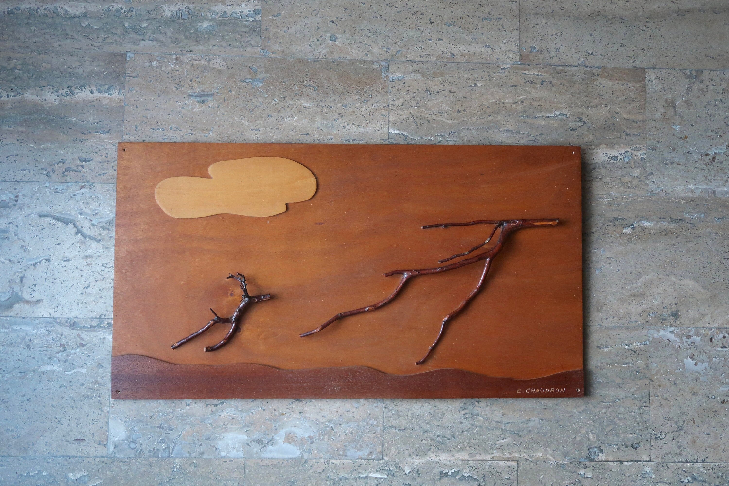 Grand Decor Mural Signé en Bois, Cerfs, Années 70/Chaudron, Zoo de Campagne, Foret, Sculpture