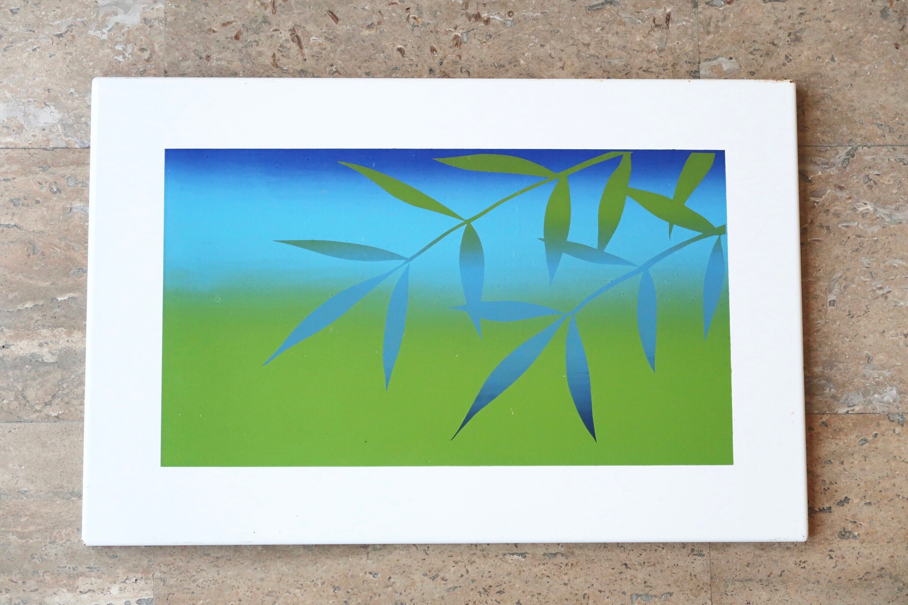 Plaque Émaillée Numérotée de Kozo Inoue, 1976, Émaux Behobie Jean Neuhaus/Feuille, Floral, Bleu Vert