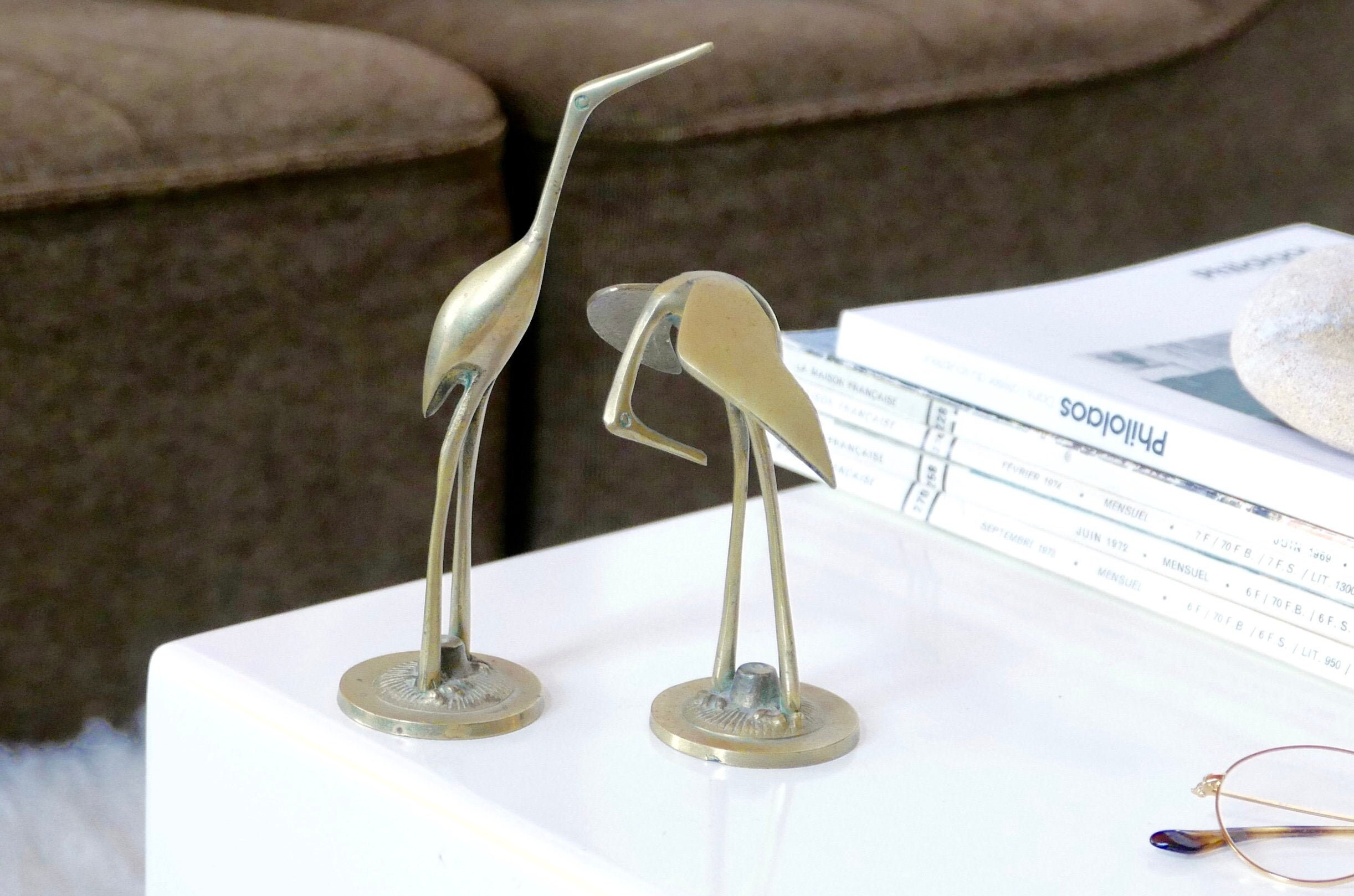 Sculptures Couple de Hérons en Laiton, Années 60, Statues d'oiseaux Vintage Boheme Chic