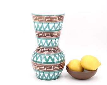 LARGE French ceramic vase by Robert Picault (1919-2000), Vallauris 1960s / green blue boho bohemian folk graphic