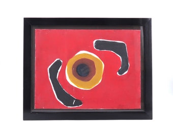 French signed abstract painting, 1980s / sun, red, abstraction, art