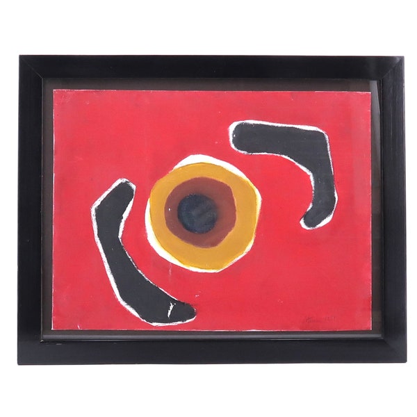 Peinture abstraite signée, années 80 / rouge noir, vintage, abstraction, moderne, décor moderniste, tableau