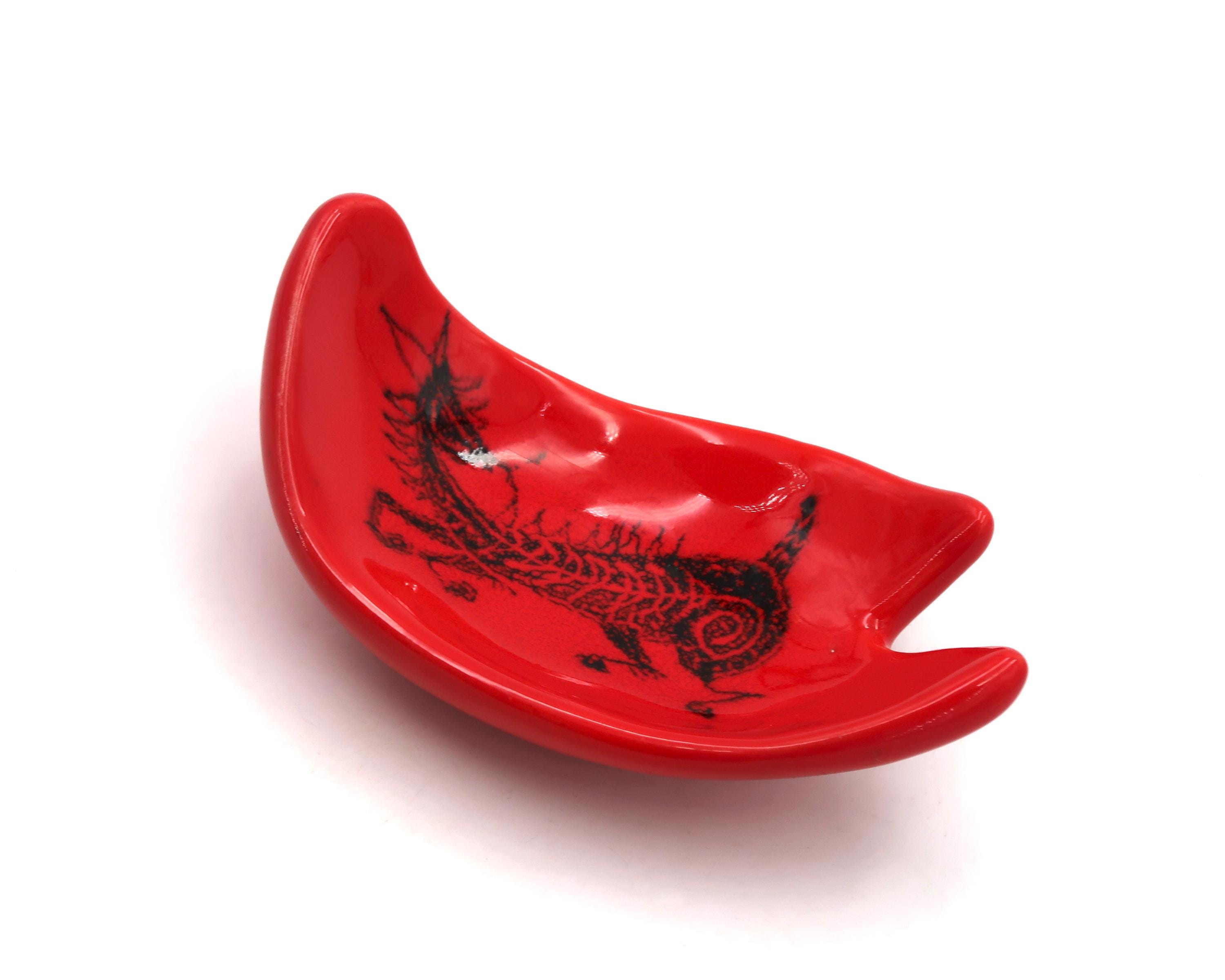 French Free Form Ceramic Dish by Jean De Lespinasse, Red Enamel