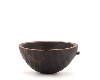 African dark wood bowl or dish with small handle, 1970s / wabi sabi, tribal boho chic bohemian folk africa sculpture