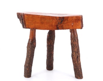 French vintage wood tripod stool, 1950s / Home decor, Plant stand, Rustic furniture, Wooden wabi sabi end table