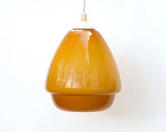 Glass ceiling light mustard/brown, 1970s / pendant lamp, lighting, pop, space age, drop, mushroom