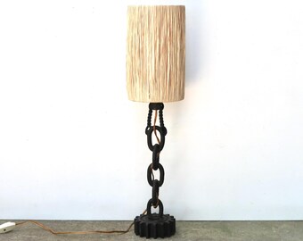 French metal table lamp " chain links ", raffia lampshade, 1950s / Brut, Mechanical, Industrial, Franz West, Home decor, Boat, nautical