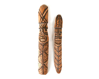 2 carved wood masks, 1970s, boho chic wall hanging decor