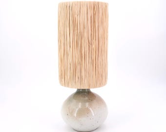 French potter ceramic table lamp, raffia lampshade, 1970s / stoneware, vintage, beige, pale green, grey, boho chic, lighting