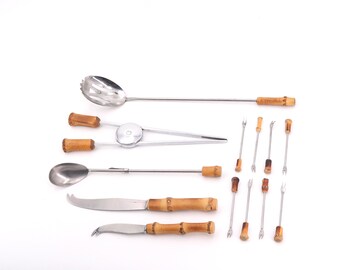 Set of bamboo utensils : cheese knifes, ice cube spoon, appetizer picks, cocktail mixer spoon, sugar tongs, 1970s / folk, wood, flatware