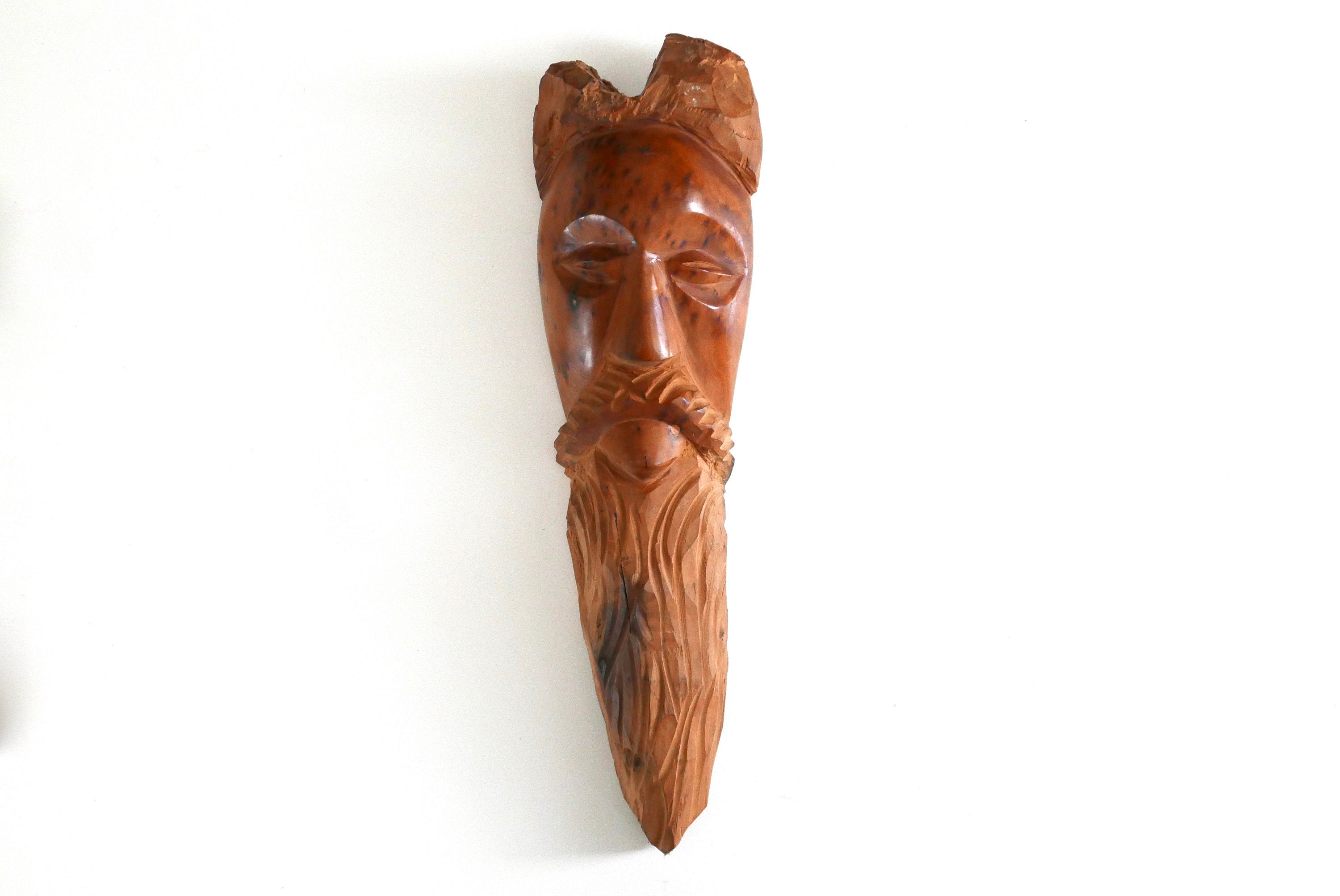 Masque en Bois d'orme, Vintage/Folk, Art, Ethnique, Bohème Chic, Barbe, Barbu, Moustache, Totem