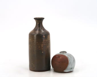 Vintage 1970s Ceramic Bud Vases, Stoneware, Brown Beige Light Blue, Set of 2