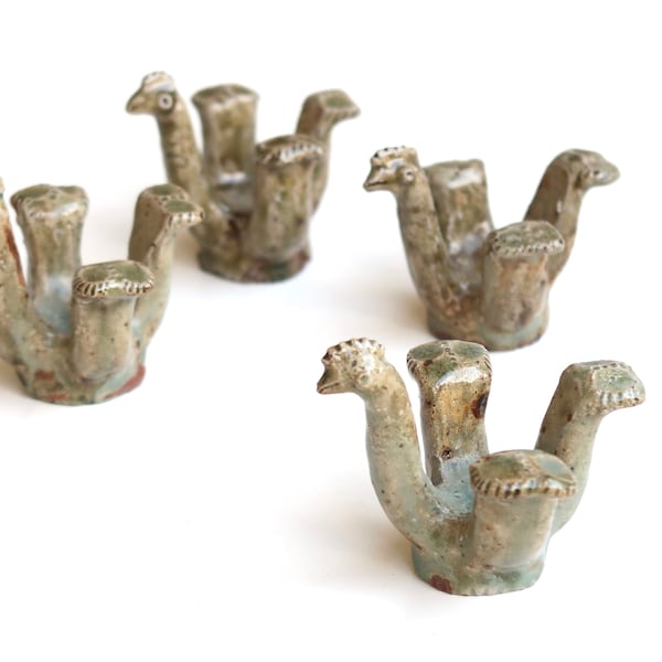 Set of 4 egg cups "hen" by Jean Lerat, 1960s / La Borne, ceramic, animal, sculpture, bird